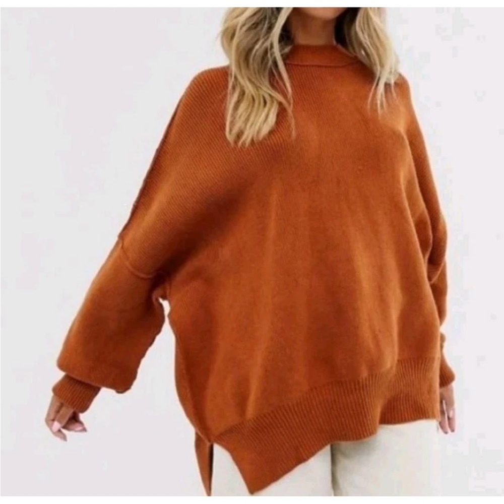 Free People Oversize Sweater Women Size XS Peach Blush Tunic Mock Neck Knit